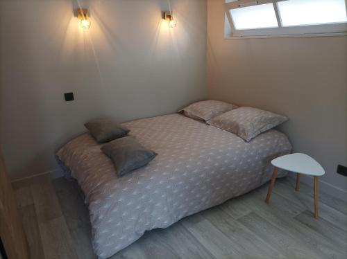 ein Schlafzimmer mit einem Bett mit zwei Kissen darauf in der Unterkunft Le petit chez-vous in La Rivière Saint Sauveur