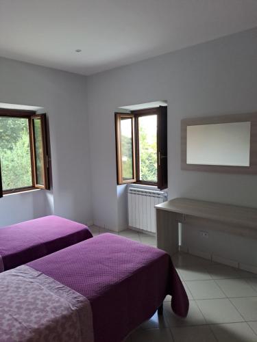 a bedroom with two beds and a desk and two windows at Agriturismo Pavoni in Castelliri