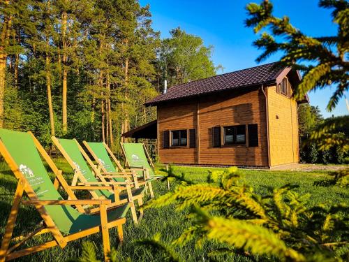 a group of lawn chairs in front of a cabin at Chata Leśna Polana in Kurzętnik