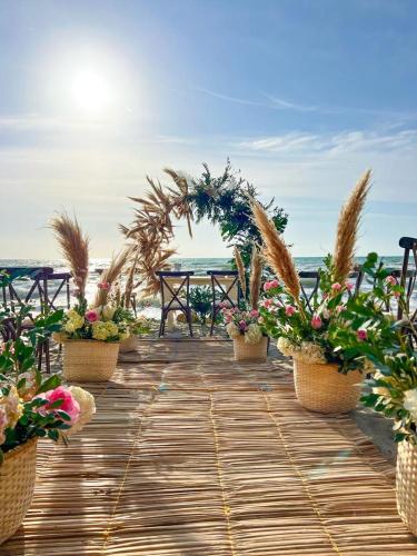 a wooden walkway with potted plants on the beach at Awa de Mar Playa in Tolú