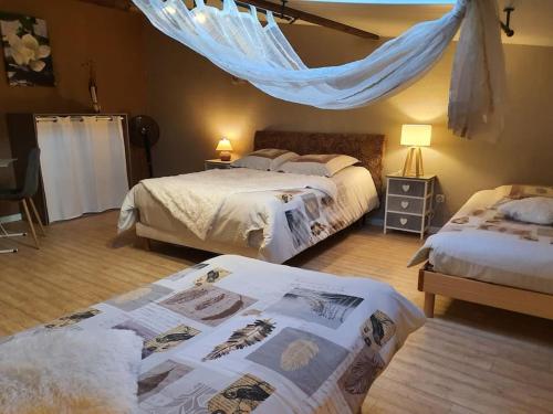 - une chambre avec 2 lits et une moustiquaire dans l'établissement Maison Chez Mariebel - 20 pers avec piscine jacuzzi sauna, à Ottonville et Ricrange