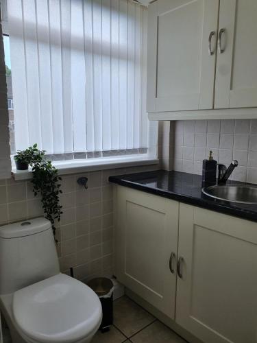 Baño blanco con aseo y lavamanos en Cheerful 3 bedroom house with spacious garden, en Mánchester