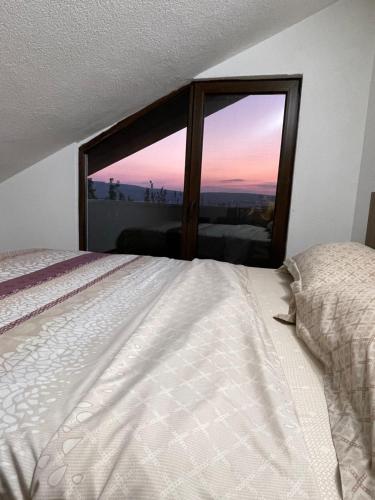 a bedroom with a bed and a window with a view at Wineyards Salin in Turda