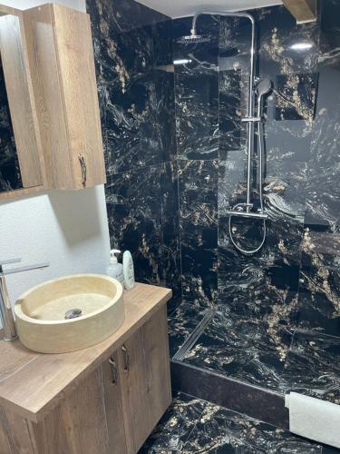 a bathroom with a sink and a shower at Wineyards Salin in Turda