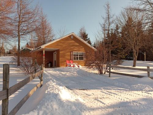 una casa con una valla en la nieve en Mira River Cottages, en Marion Bridge