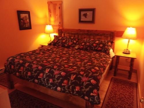 1 dormitorio con 1 cama grande y 2 lámparas en Mira River Cottages, en Marion Bridge