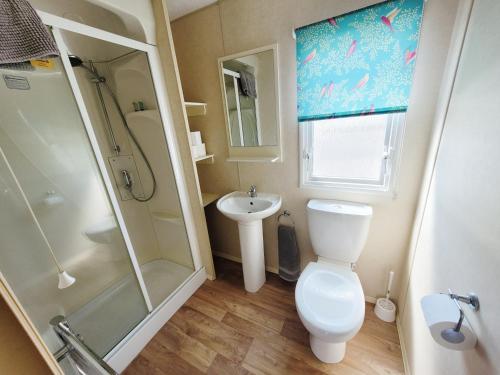 a bathroom with a toilet and a shower and a sink at The Burrow - 152 Mallard Lake in South Cerney