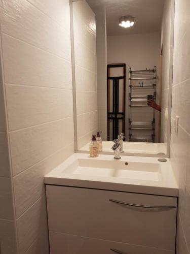 une salle de bain avec un lavabo blanc et un miroir dans l'établissement Maison familiale avec jacuzzi et piscine, à La Rochelle