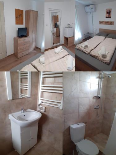 two pictures of a bathroom with a sink and a toilet at Vila Georgeta, Camere de închiriat in Techirghiol