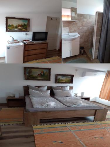 2 Bilder eines Schlafzimmers mit einem Bett und einem Waschbecken in der Unterkunft Vila Georgeta in Techirghiol