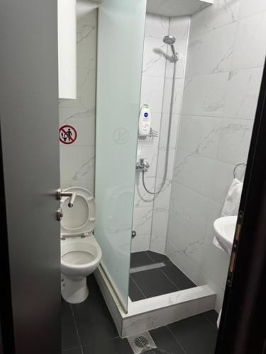 a bathroom with a shower with a toilet and a sink at Lux Cotton in Podgorica