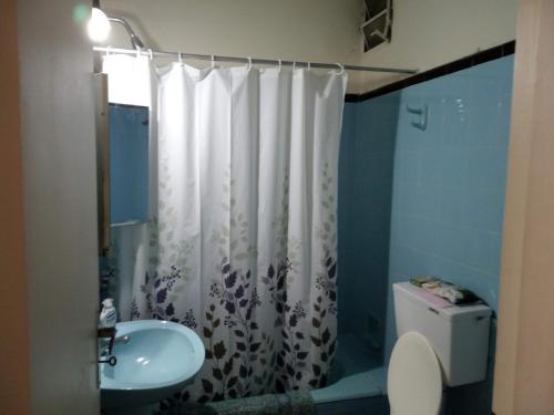 a bathroom with a shower curtain and a sink at Apartamento en Asunción amoblado y equipado in Asunción