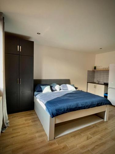 a bedroom with a large bed with blue sheets at Pension ANDREA in Mikulov