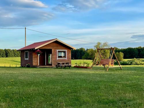 a small house in a field with a swing at WYSPA BOCIANA - Twój azyl na końcu świata in Chostka