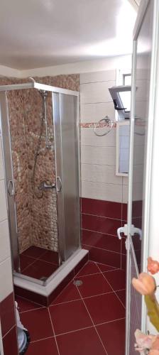a bathroom with a shower with a red tile floor at Vila Horizont Ksamil in Sarandë