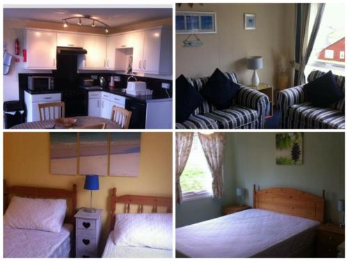 a collage of three pictures of a kitchen and a living room at 20 The Manor, Penstowe Holiday Park, Kilkhampton BUDE in Kilkhampton