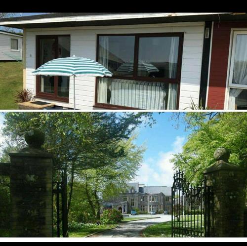 two pictures of a house with an umbrella and a gate at 20 The Manor, Penstowe Holiday Park, Kilkhampton BUDE in Kilkhampton