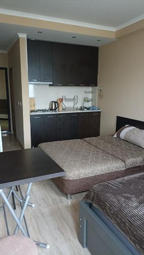 a kitchen with two beds and a table in a room at Apartment Zhemchuzhina Ureki-3 СТУДИО in Ureki