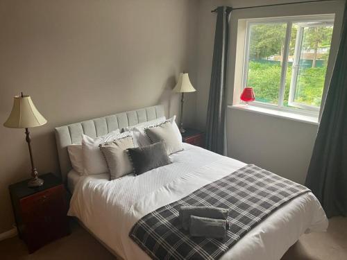 a bedroom with a white bed with pillows and a window at Buckingham Court in St. Albans