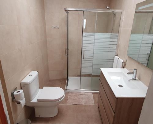 a bathroom with a shower and a toilet and a sink at APARTAMENTS LA DONZELLA in Bot