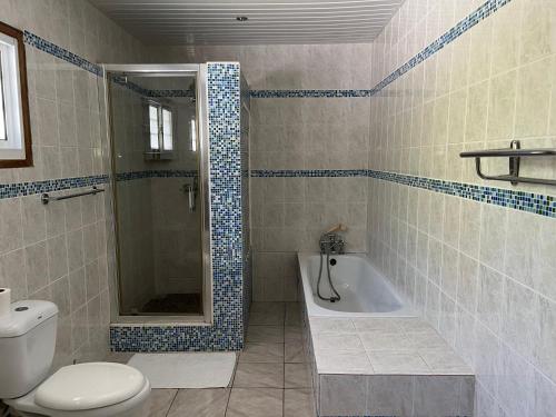 a bathroom with a tub and a toilet and a shower at Chloe's Cottage Self-Catering in La Digue