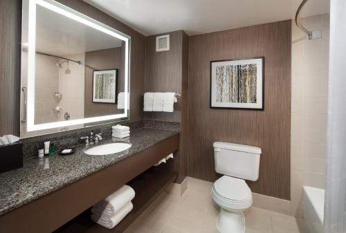 ein Badezimmer mit einem WC, einem Waschbecken und einem Spiegel in der Unterkunft Sheraton Agoura Hills Hotel in Agoura Hills