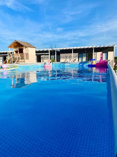 a swimming pool with blue water in front of a house at Resto domki letniskowe in Sarbinowo