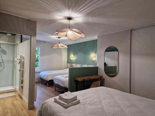 1 Schlafzimmer mit 2 Betten und einem Spiegel in der Unterkunft Le Nid du Chardonnay 