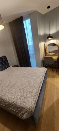 - une chambre avec un lit, une table et une fenêtre dans l'établissement Graf Zeppelin Apartment, à Pärnu