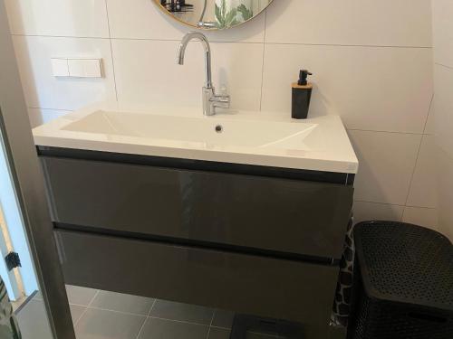 W łazience znajduje się biała umywalka i lustro. w obiekcie Beautiful house at beach, sea and dunes w mieście Wijk aan Zee