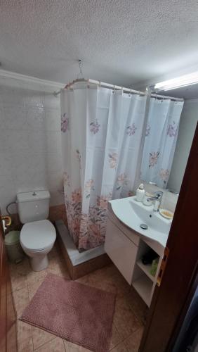 a bathroom with a toilet and a sink and a shower curtain at Tilemachos central apartment in Alexandroupoli
