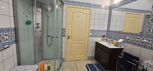 baño con ducha y puerta amarilla en Casa do Castelo 1903, en Palmaz
