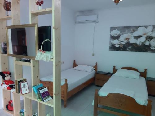 1 dormitorio con 2 camas, TV y estanterías en Vrenjo GuestHouse, en Gjirokastra