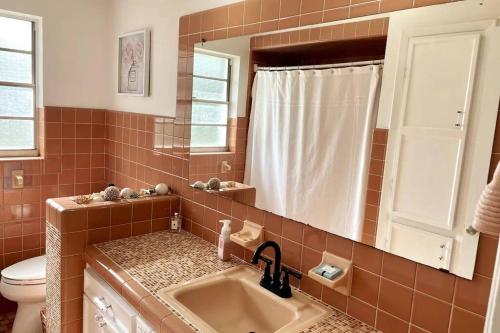 タンパにあるStunning Heated Pool & Spa House Blocks to Midtownの洗面台、トイレ、鏡のあるバスルーム
