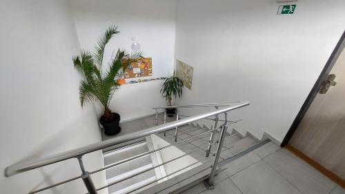 a hallway with a metal counter with a plant on the wall at Penzion u vody in Plzeň