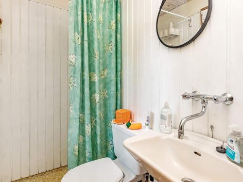 a bathroom with a green shower curtain and a toilet at Two-Bedroom Holiday home in Stubbekøbing 1 in Stubbekøbing