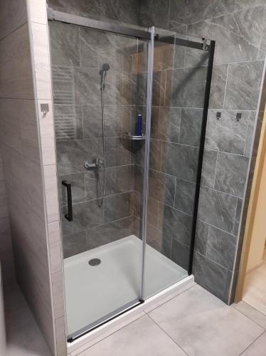 a shower with a glass door in a bathroom at Villa Grunwald - dom z działką 3000m2 na wyłączność, z dużym ogrodem, tarasem, grillem, hamakami, domkiem dla dzieci i boiskiem in Gierzwałd