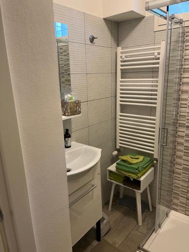 a small bathroom with a sink and a shower at Casa Filippini in Bologna