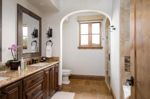 a bathroom with a sink and a toilet and a mirror at Grand Reserve Inn in Plymouth