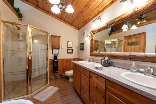 グレイリングにあるTimeless Charm 3BDR Whirlpool River Lodge 534のバスルーム(シャワー、洗面台、トイレ付)