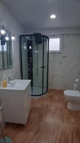 a bathroom with a shower and a sink and a toilet at Villa T2 Maçussa - 45min Lisbon in Massuça