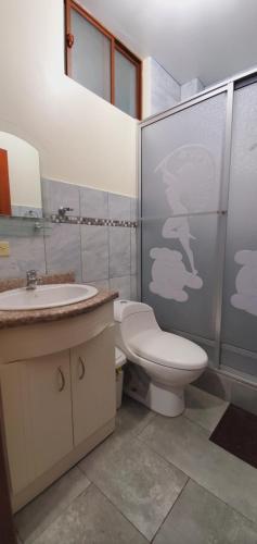 La salle de bains est pourvue de toilettes et d'un lavabo. dans l'établissement In the heart of Vilcabamba. Residence don Tuquito., à Vilcabamba