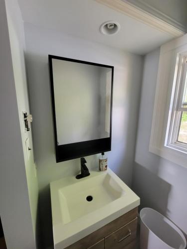 een badkamer met een wastafel en een spiegel aan de muur bij Chalet with great lake view in Gracefield