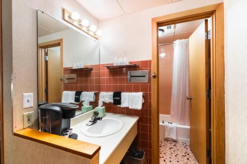 a bathroom with a sink and a mirror at Aisling Suites - The Midtown in Great Falls
