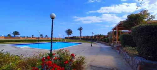 uma piscina num quintal com flores em Sea Park Chalet-Stella Di Mare Sea view -Families em Az Za‘faranah