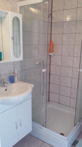 y baño con ducha y lavamanos. en Apartments Ručna, en Kobarid