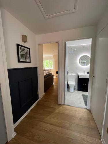 a bathroom with a toilet and a sink at The Raven's Loft by Harry Potter in Garston