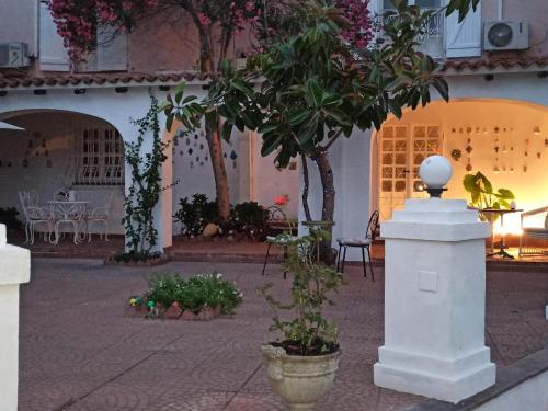 a courtyard with a table and chairs and trees at Da Tea in San Teodoro