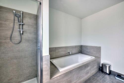 a bath tub in a bathroom with a shower at Tranquility in Coles Bay