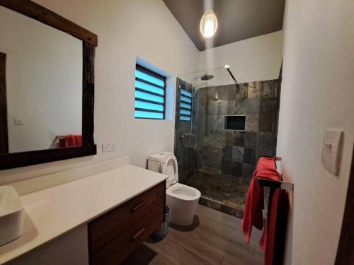 a bathroom with a shower and a toilet and a sink at Tropical 3-bedrooms Coastal Residence Creolia in Grand Baie